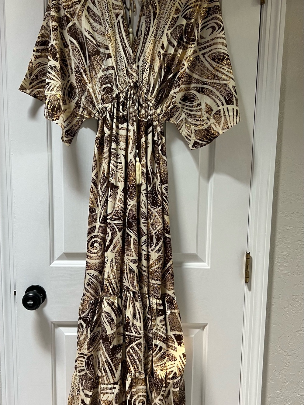 Elegant Cream Maxi Dress with Brown Abstract Print